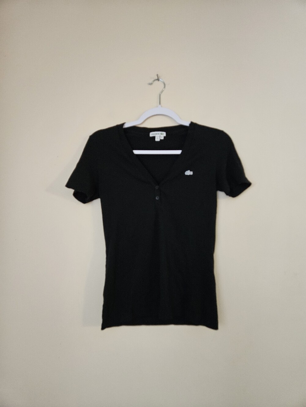 Lacoste Women's Black V-Neck Short Sleeve Logo Tee, Size Small